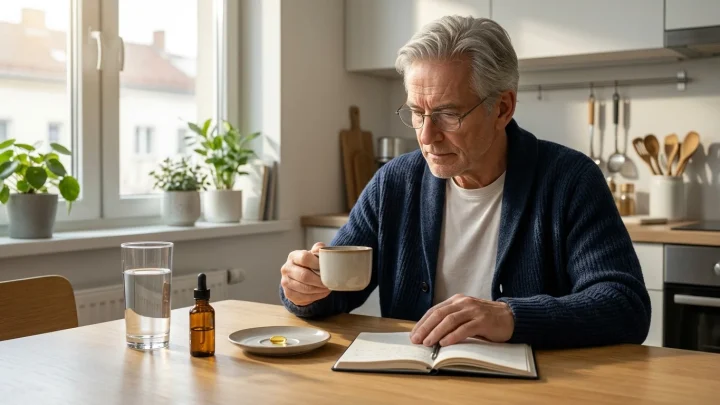Eine Kapsel Vitamin D neben einem Glas Wasser auf einem Tisch