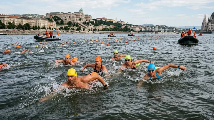 Schwimmer bei der Donauüberquerung in Budapest