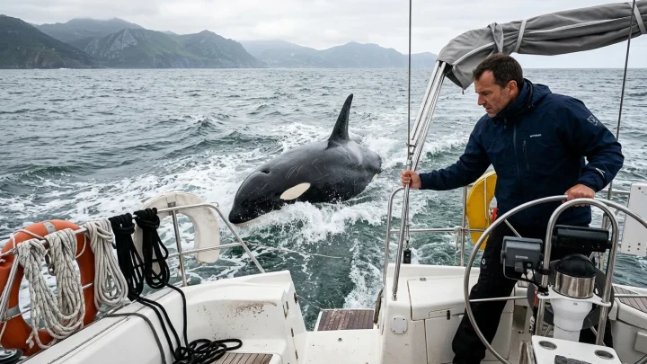 Schwertwal nähert sich einem Boot im Meer