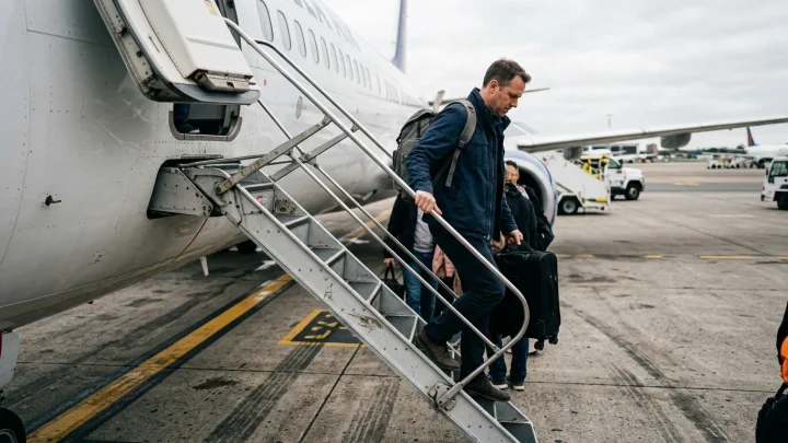 Ausklappbare Treppe an der Vordertür einer Boeing 737 von Ryanair