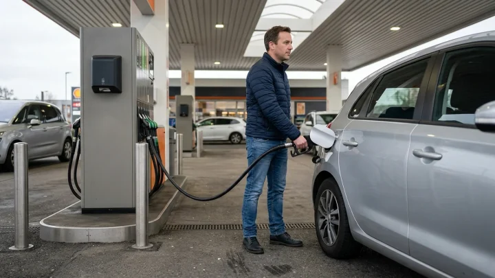Zapfsäule an einer Tankstelle mit ADAC-Clubkarte im Vordergrund