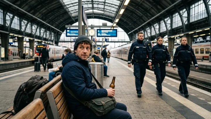 Reisende am Bahnsteig eines deutschen Hauptbahnhofs mit Hinweisschildern