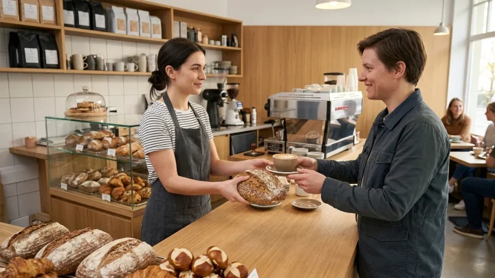 Frische handwerkliche Backwaren und eine Tasse Kaffee in einer Bäckerei-Filiale