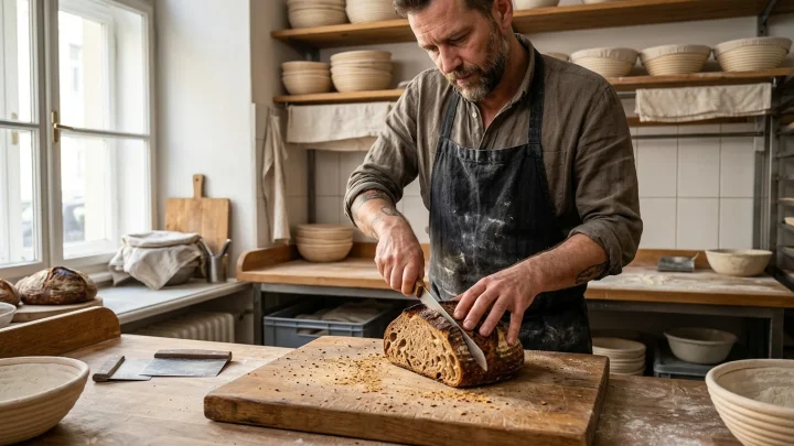 Frisch gebackenes Sauerteigbrot mit dunkler Kruste in einer traditionellen Bäckerei