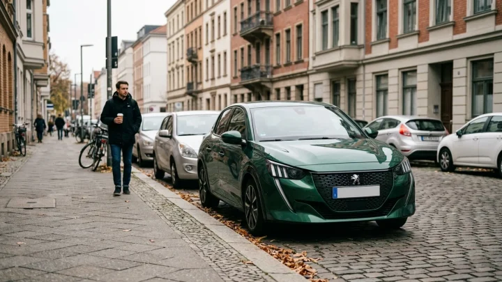 Grün lackierter Neuwagen auf einer Ausstellungsfläche