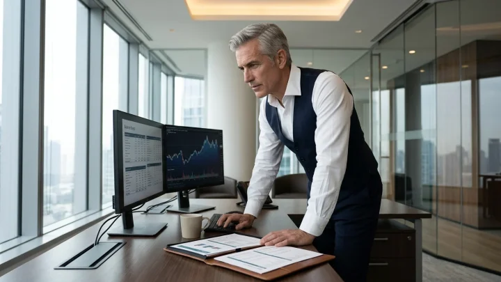 Hedgefonds-Manager Bill Ackman analysiert Finanzdaten an einem Bildschirm