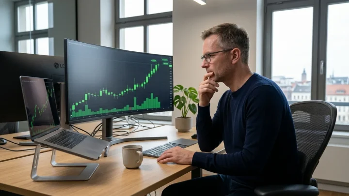 Bitcoin-Symbol vor digitalem Börsenkurs und Kursdiagrammen