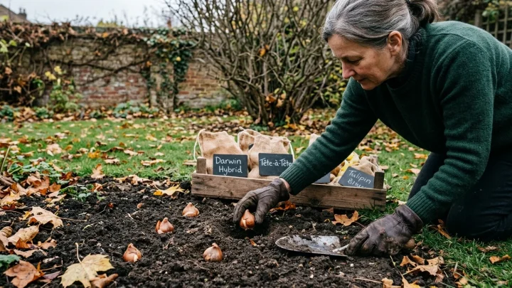 Gärtnerhände setzen Tulpenzwiebeln in kühle Gartenerde mit Pflanzholz