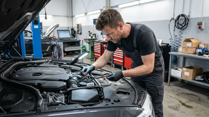 Motorraum eines modernen Fahrzeugs mit Fokus auf die elektrische Startereinheit