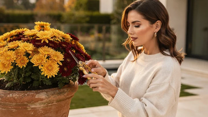 Herbstliche Chrysanthemen im Topf auf einem Balkon