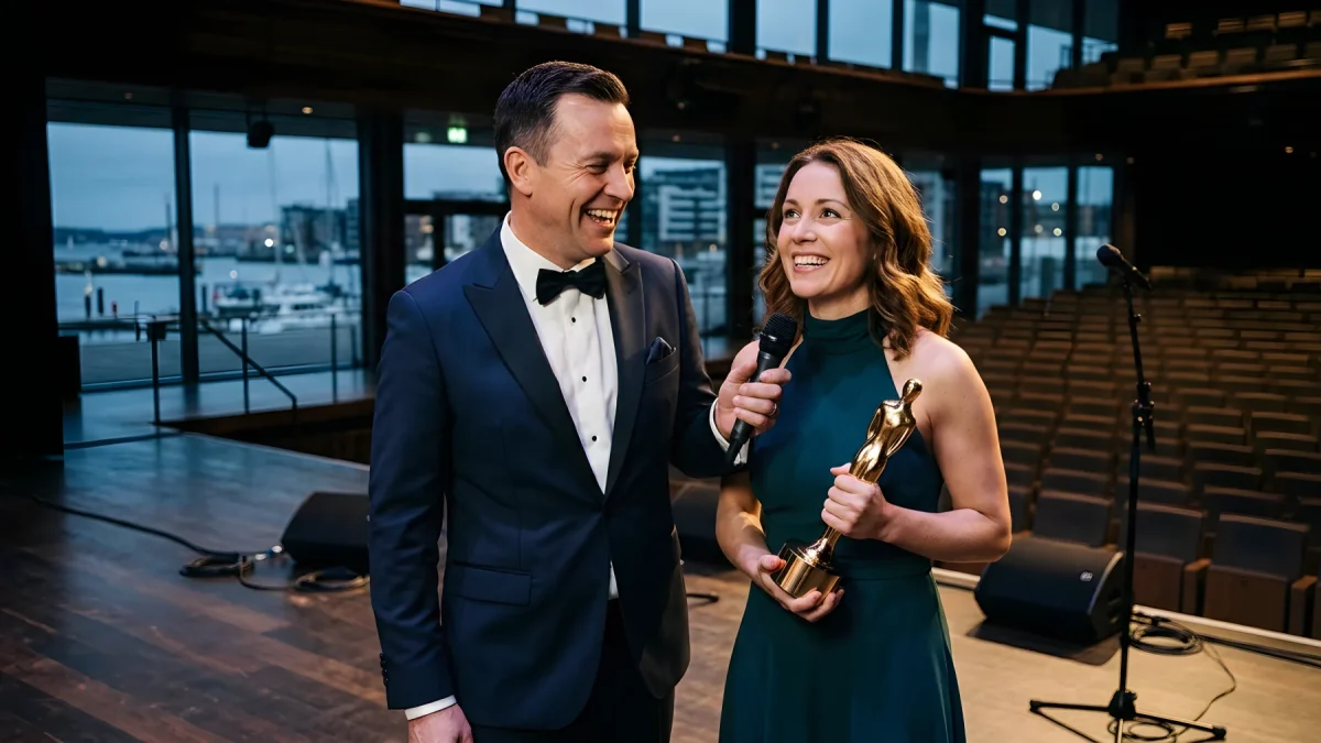 Trophäe und Bühne des Deutschen Radiopreises in Hamburg