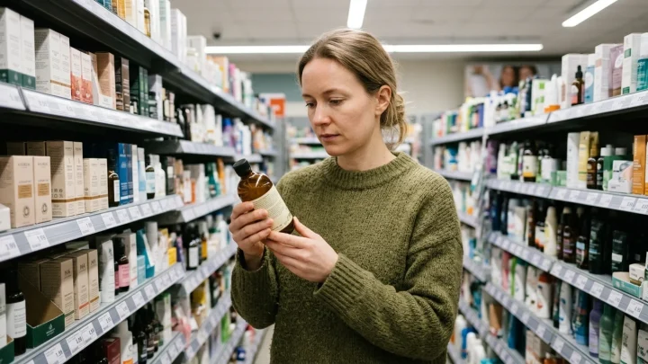 Produktverpackungen im Supermarktregal mit Umweltsiegeln und Werbeversprechen