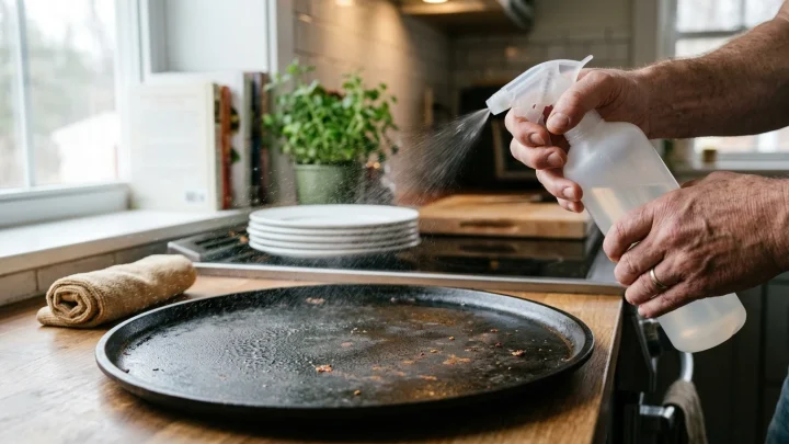 Grillplatte wird mit Essig gereinigt