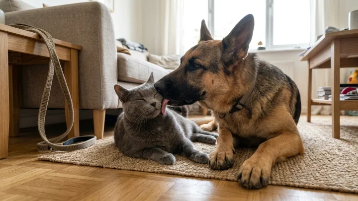 Ein Schäferhund schleckt einer grauen Katze durchs Gesicht