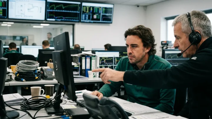 Formel-1-Pilot Fernando Alonso im Rennanzug an der Boxenmauer