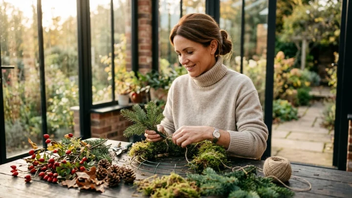 Natürlicher Grabschmuck zu Allerheiligen aus Tannengrün, Zapfen und Moos auf einer Grabstätte
