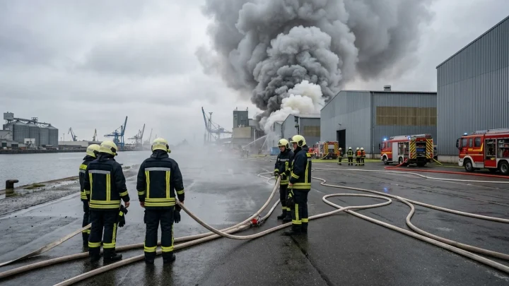 Einsatzkräfte und Industrieareal bei einem Großbrand im Braker Hafen