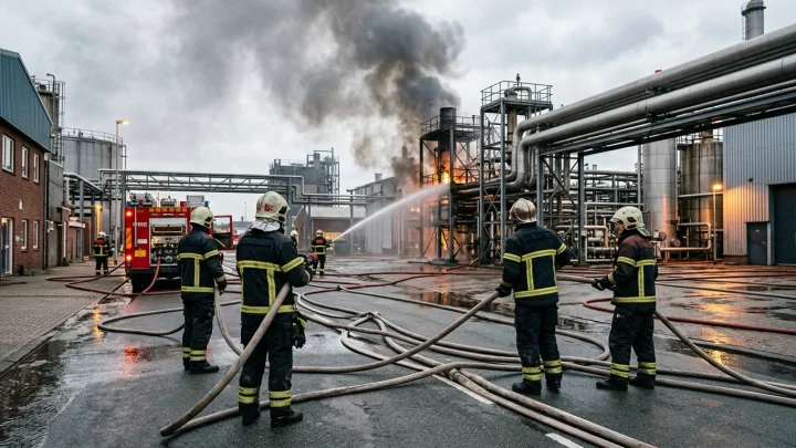Einsatzfahrzeuge der Feuerwehr bei einem Großeinsatz an einem Industriehafen