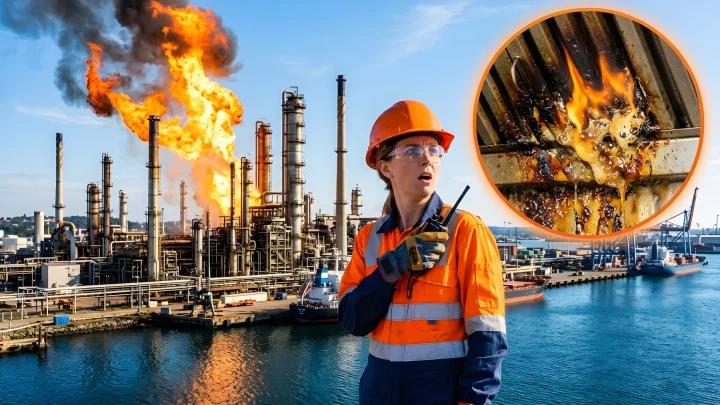 Einsatzkräfte bei einem Brand im Hafen von Brake