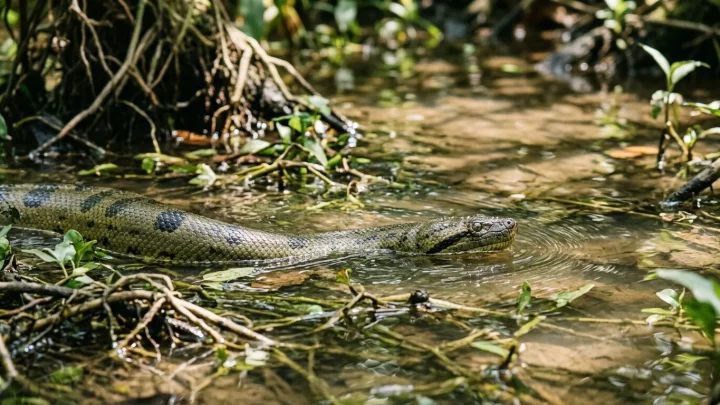 Große Grüne Anakonda im seichten Wasser eines südamerikanischen Feuchtgebiets