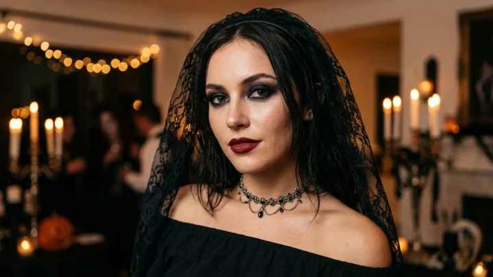 Frau mit kreativem DIY-Halloween-Make-up und dunkler Kleidung