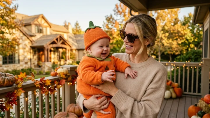 Baby in einem bequemen, warmen selbstgemachten Halloween-Kürbiskostüm auf weicher Decke