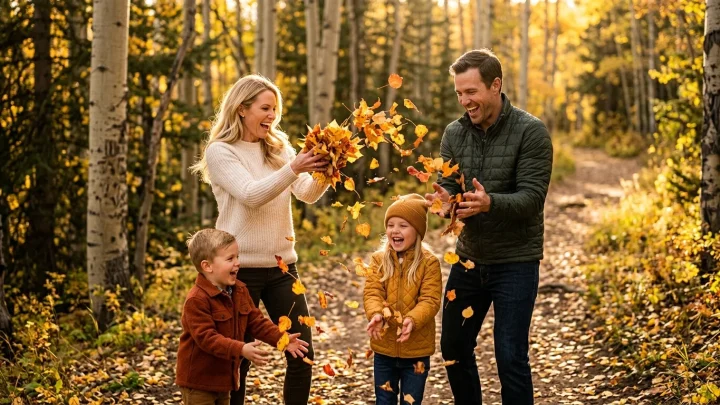 Familie mit Kindern bei einem herbstlichen Ausflug im Wald in Hessen