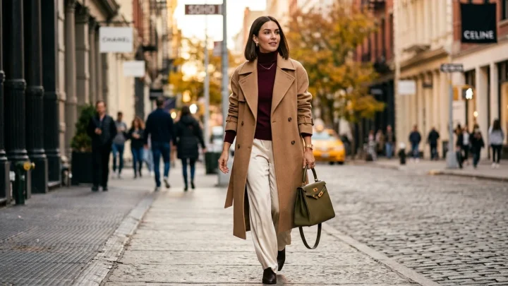 Elegante Damenmode für den Herbst mit stilvollen Mänteln, warmen Erdtönen und Strickkombinationen