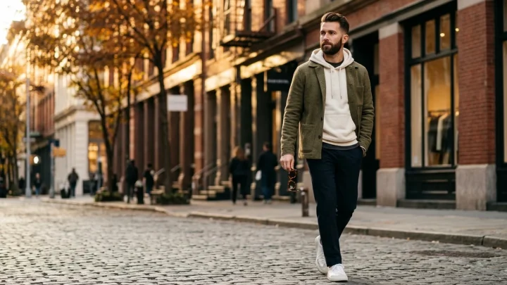 Mann in stylischer Übergangsjacke und Schichten-Outfit im urbanen Herbst-Look