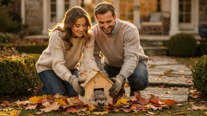 Selbstgebautes Igelhaus aus unbehandeltem Holz im herbstlichen Garten unter Laub