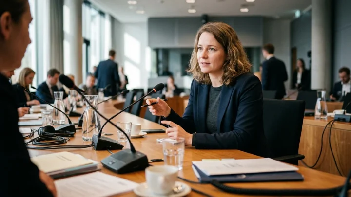 Porträt der Bundesparteichefin Ines Schwerdtner bei einer politischen Pressekonferenz