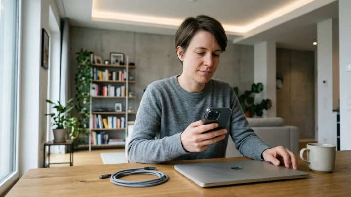 Ein modernes iPhone auf einem Tisch neben einem Notizbuch mit Technologie-Skizzen