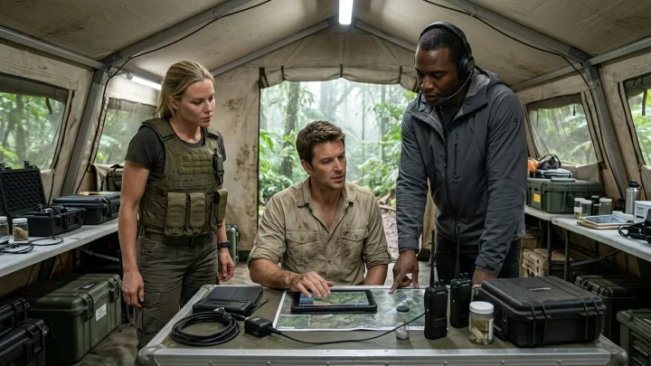 Dinosaurier-Silhouette im dichten Dschungel als Symbol für Jurassic World Rebirth