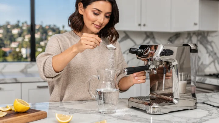 Weißes Zitronensäure Pulver wird mit einem Löffel in Wasser zum Entkalken einer Kaffeemaschine eingerührt