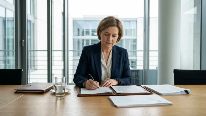 Porträt von Politikerin Katherina Reiche bei einer Rede