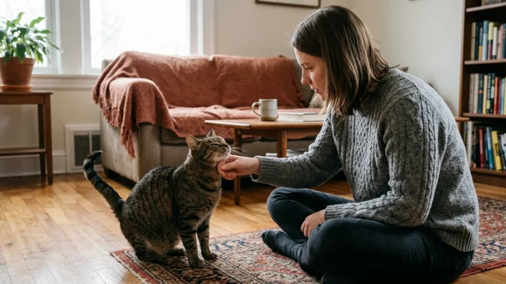 Hand nähert sich vorsichtig einer Katze