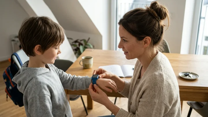 Moderne Kinder-Smartwatch mit Touchscreen auf einem Holztisch