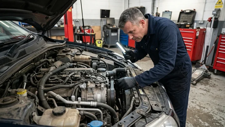 Geöffneter Motorraum eines Pkw mit Fokus auf Klimaleitungen und Kompressor