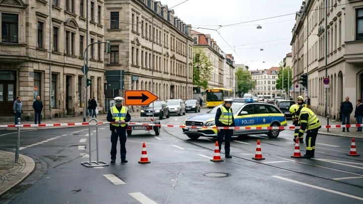 Polizei und Rettungsdienst sperren eine Kreuzung in der Leipziger Südvorstadt nach einem Unfall ab