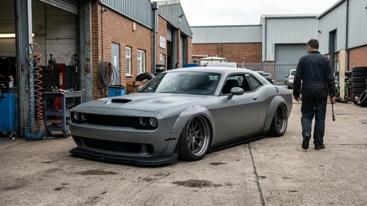 Dodge Challenger mit Liberty Walk LB-WORKS Breitbau-Kit in mattem Grau