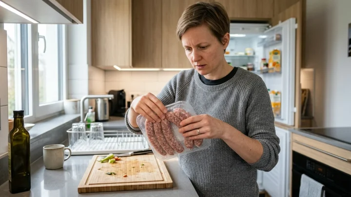 Frische grobe Bratwurst in einer Verpackung im Kühlregal