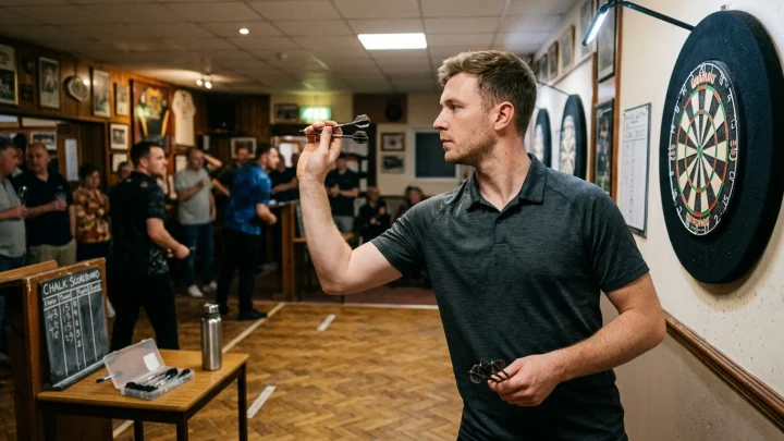 Martin Schindler konzentriert an der Abwurflinie beim Darts-Match