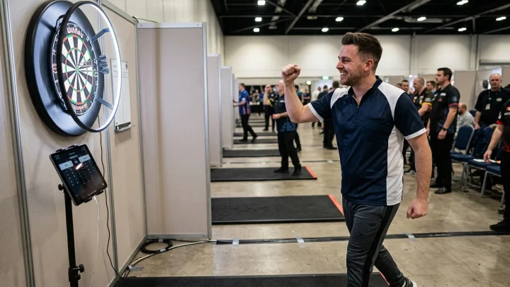 Max Hopp wirft Darts auf das Board beim PDC Players Championship
