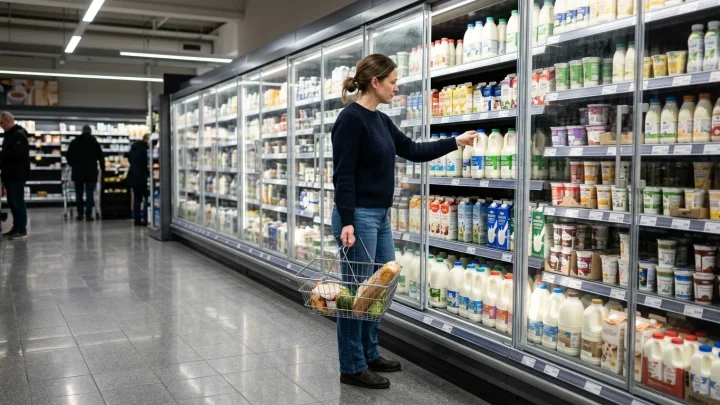 Milchprodukte und Marken der Unternehmensgruppe Theo Müller im Supermarktregal