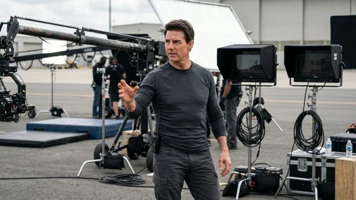 Tom Cruise auf einem Motorrad am Filmset