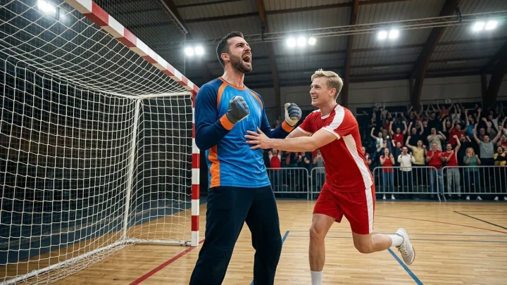 Handballteam der MT Melsungen jubelt nach einem dramatischen Pokalsieg in der Kasseler Rothenbach-Halle