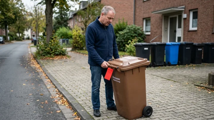 Verschiedene Mülltonnen für Recycling, Biomüll und Restmüll vor einem Wohnhaus