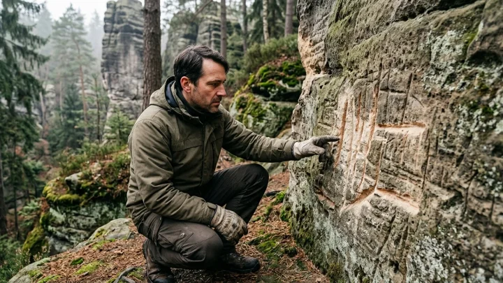 Beschädigter Sandsteinfelsen im Nationalpark Sächsische Schweiz mit eingeritzten Symbolen