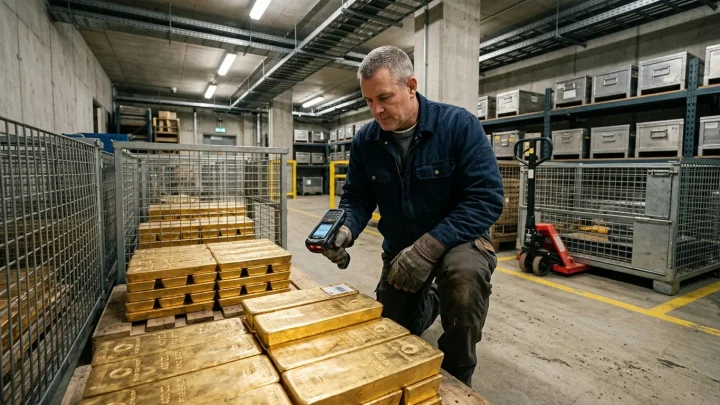 Aufgestapelte Goldbarren im Tresorraum einer Notenbank