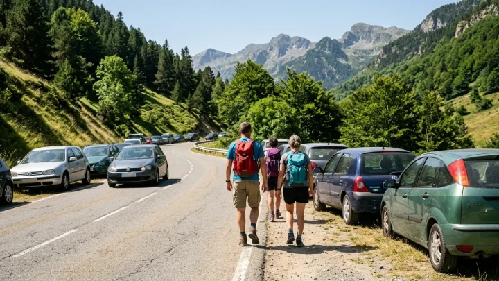 Geparkte Autos entlang einer engen Bergstraße